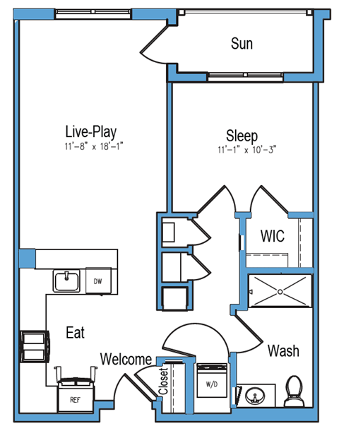 Floor plan for 1 bed, 1 bath, 711 sqft