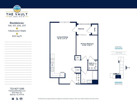 Floor plan for 1 bed, 1 bath, 833 sqft