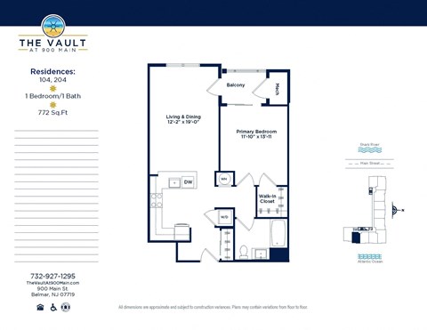 Floor plan for 1 bed, 1 bath, 772 sqft