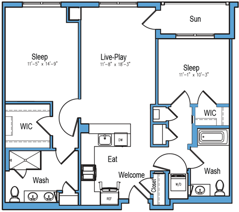 Floor plan for 2 beds, 2 baths, 1083 sqft