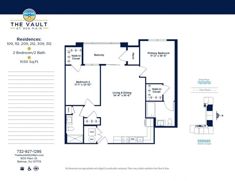Floor plan for 2 beds, 2 baths, 1030 sqft