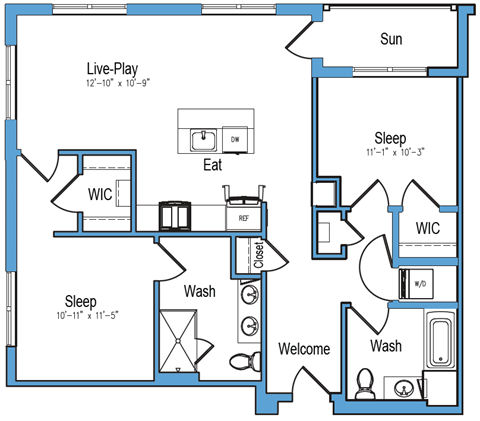 Floor plan for 2 beds, 2 baths, 1066 sqft