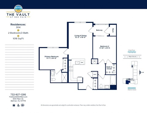 Floor plan for 2 beds, 2 baths, 1018 sqft
