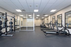 Carteret apartment for rent - A spacious gym with a variety of equipment including treadmills, weightlifting machines, and a squat rack.
