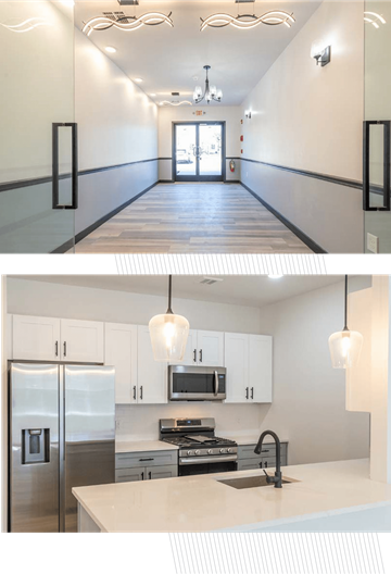 Matawan apartment for rent - A modern kitchen with a refrigerator, microwave, and stove top oven.