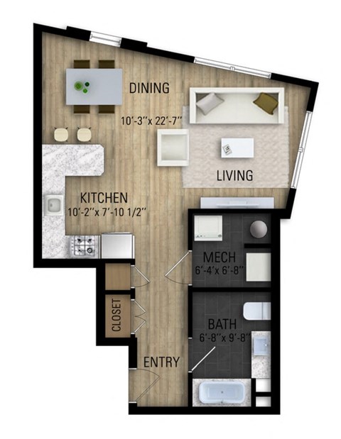 Floor plan for studio, 1 bath, 517 sqft