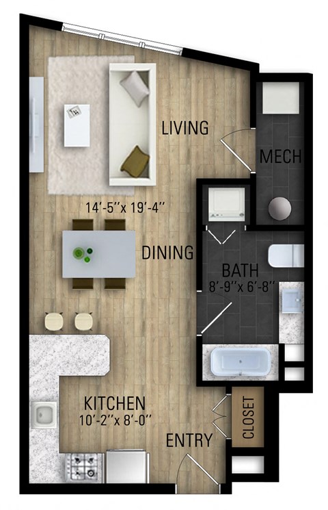 Floor plan for studio, 1 bath, 517 sqft