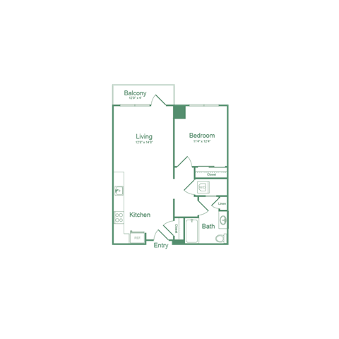 Floor plan for 1 bed, 1 bath, 688 sqft