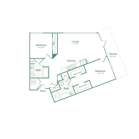 Floor plan for 2 beds, 2 baths, 1138 sqft