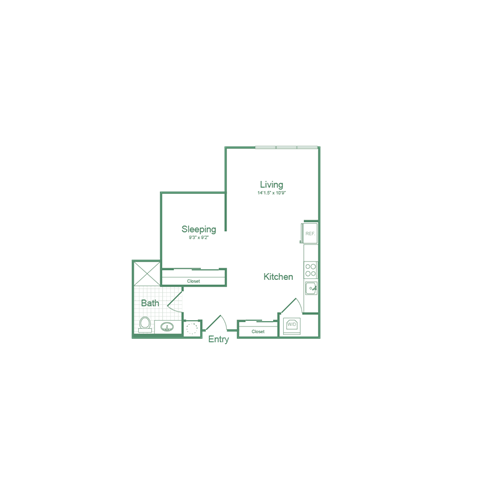 Floor plan for studio, 1 bath, 626 sqft
