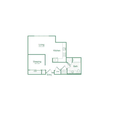 Floor plan for studio, 1 bath, 629 sqft