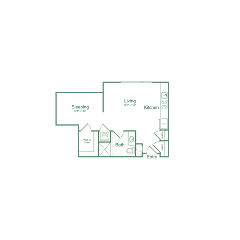 Floor plan for studio, 1 bath, 605 sqft
