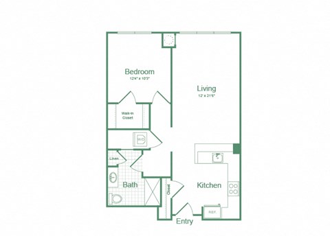 Floor plan for 1 bed, 1 bath, 761 sqft