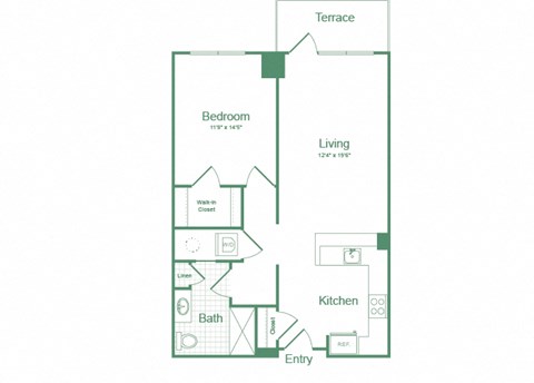 Floor plan for 1 bed, 1 bath, 781 sqft