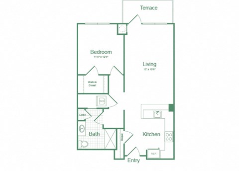 Floor plan for 1 bed, 1 bath, 761 sqft