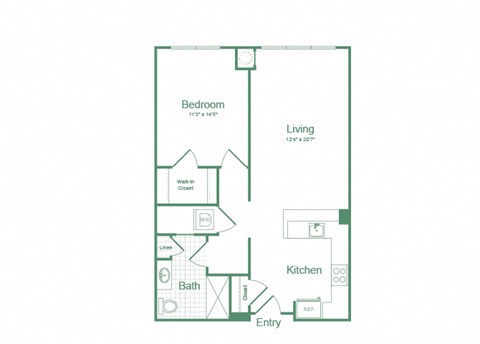 Floor plan for 1 bed, 1 bath, 781 sqft