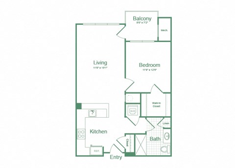 Floor plan for 1 bed, 1 bath, 766 sqft