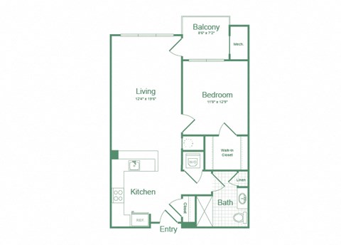 Floor plan for 1 bed, 1 bath, 759 sqft