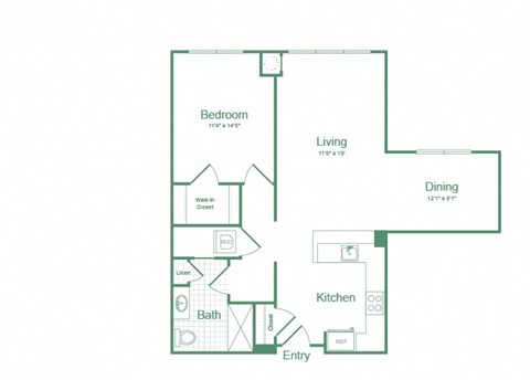 Floor plan for 1 bed, 1 bath, 895 sqft