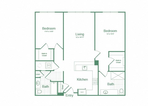 Floor plan for 2 beds, 2 baths, 1174 sqft