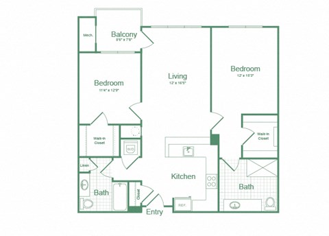 Floor plan for 2 beds, 2 baths, 1159 sqft