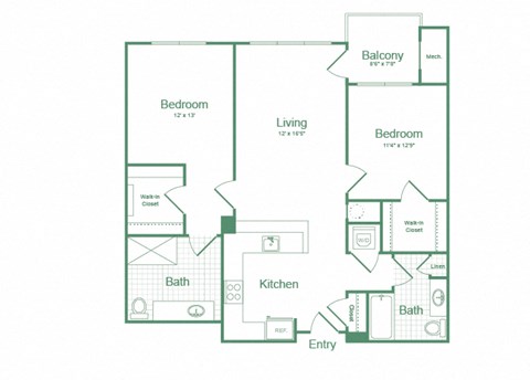 Floor plan for 2 beds, 2 baths, 1137 sqft