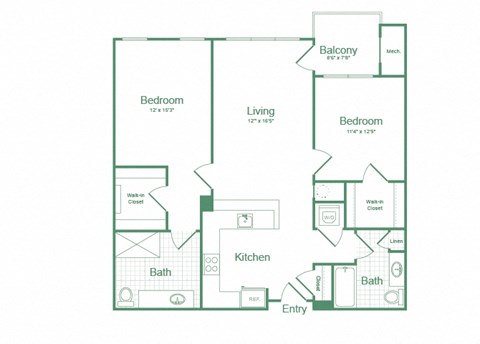 Floor plan for 2 beds, 2 baths, 1159 sqft