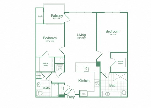 Floor plan for 2 beds, 2 baths, 1152 sqft