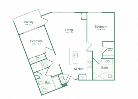 Floor plan for 2 beds, 2 baths, 1064 sqft