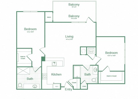 Floor plan for 2 beds, 2 baths, 1266 sqft