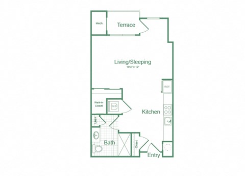 Floor plan for studio, 1 bath, 601 sqft
