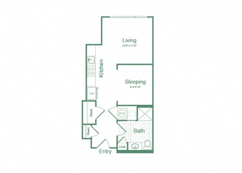 Floor plan for studio, 1 bath, 528 sqft
