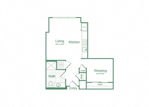 Floor plan for studio, 1 bath, 558 sqft