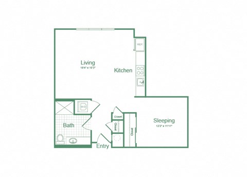 Floor plan for studio, 1 bath, 693 sqft