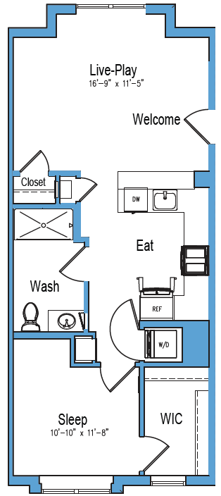Floor plan for 1 bed, 1 bath, 709 sqft