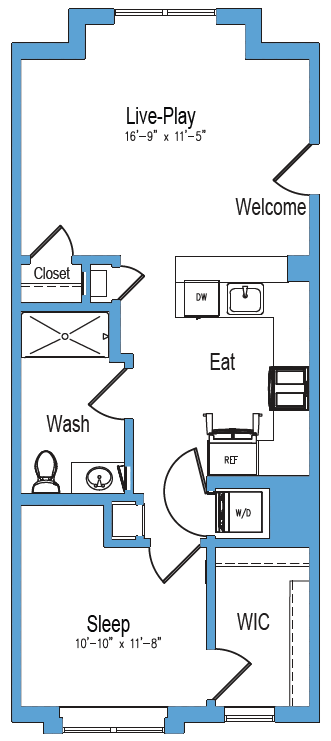 Floor plan for 1 bed, 1 bath, 712 sqft