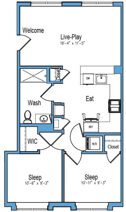 Floor plan for 2 beds, 1 bath, 837 sqft