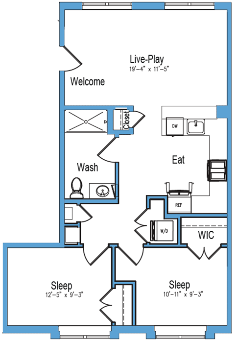 Floor plan for 2 beds, 1 bath, 883 sqft
