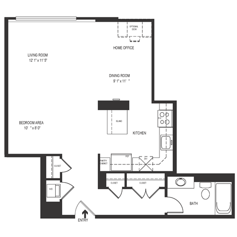 Floor plan for studio, 1 bath, 696 sqft