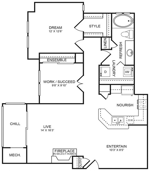 Floor plan for 2 beds, 1 bath, 1016 sqft