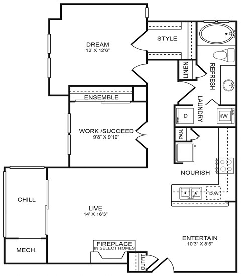Floor plan for 2 beds, 1 bath, 956 sqft