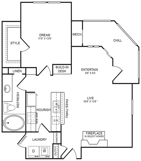 Floor plan for 1 bed, 1 bath, 813 sqft
