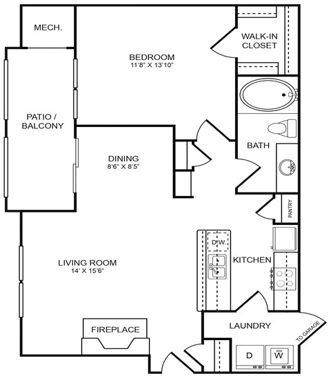 Floor plan for 1 bed, 1 bath, 842 sqft