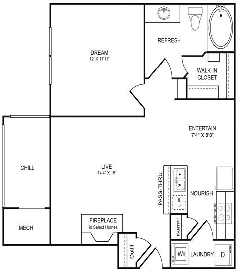Floor plan for 1 bed, 1 bath, 692 sqft