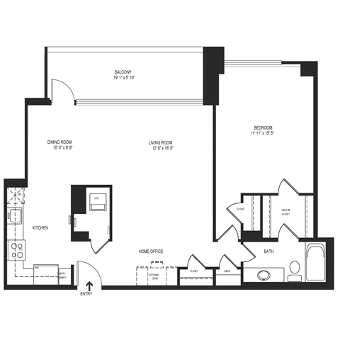 Floor plan for 1 bed, 1 bath, 888 sqft