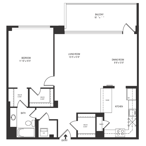 Floor plan for 1 bed, 1 bath, 938 sqft