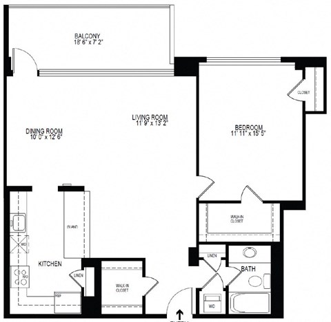 Floor plan for 1 bed, 1 bath, 942 sqft
