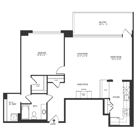 Floor plan for 1 bed, 1 bath, 972 sqft