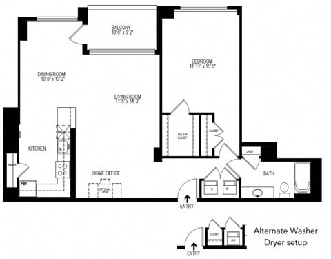 Floor plan for 1 bed, 1 bath, 973 sqft