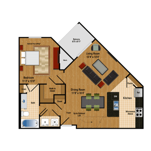 Floor plan for 1 bed, 1 bath, 727 sqft
